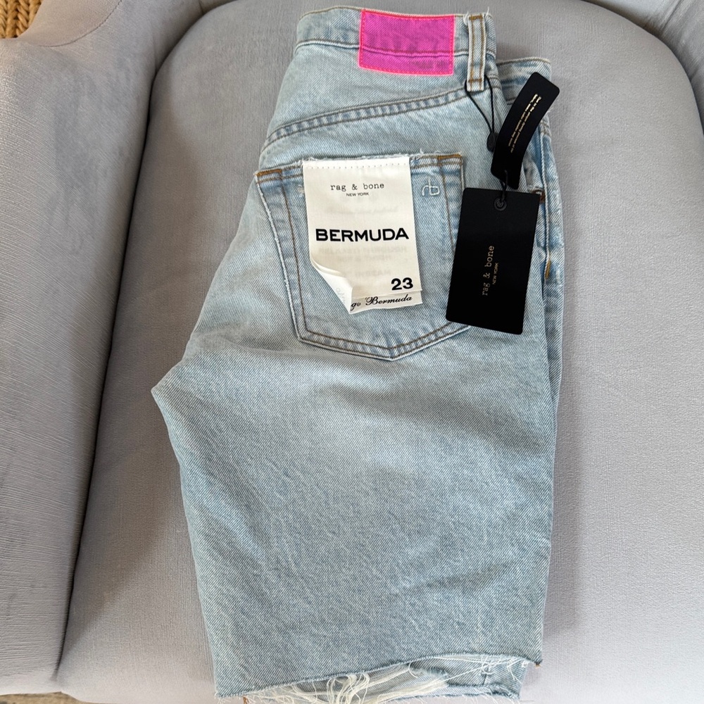 Rag & Bone Light Wash Denim Bermuda Shorts with Pink Detail